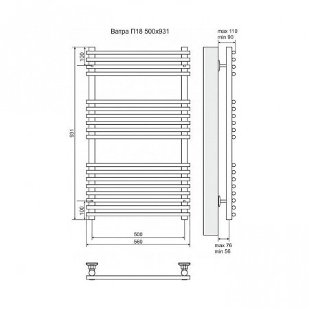 Полотенцесушитель электрический Terminus Ватра П18 500x931, ТЭН HT-1 300W, левый/правый