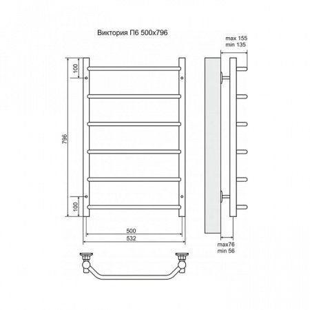 Полотенцесушитель электрический Terminus Виктория П6 500x796, ТЭН HT-1 300W, левый/правый