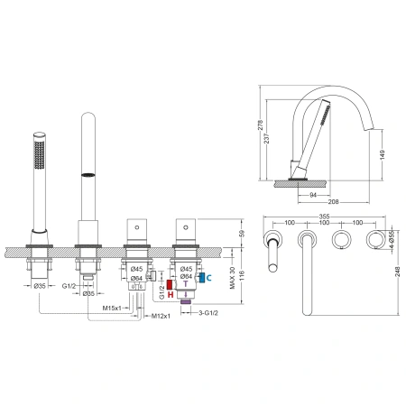 Смеситель термостатический на борт ванны Timo Saona 2330/18Y черное золото