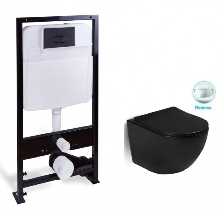 Комплект (инсталляция, унитаз, сиденье, кнопка смыва) SantiLine SL-5018MB + SL-03 матовый черный, с сиденьем микролифт