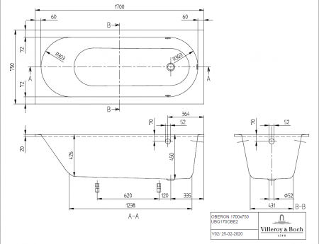 Ванна Villeroy & Boch Oberon 170х75 UBQ170OBE2V-01 кварил