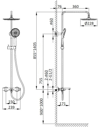 Душевая стойка со смесителем Vincea Rondo VSFS-1R1CH хром