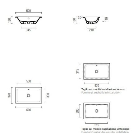 Раковина встраиваемая сверху 60см GSI Kube X 895311 белая