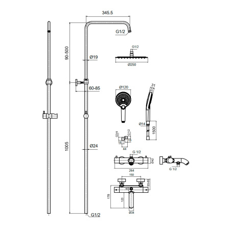 Душевая стойка с термостатом AQUAme AQM8008CR хром