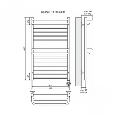Полотенцесушитель электрический Terminus Орион П14 500x860, ТЭН HT-1 300W, левый/правый