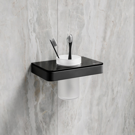 Стакан для зубных щёток Lemark GLASS LINE 9732036 с держателем, чёрный матовый/черное стекло