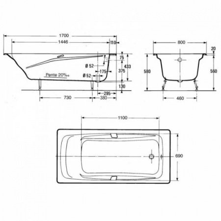 Чугунная ванна Jacob Delafon Repos 170x80 см c ручками