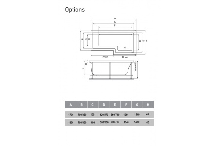Ванна акриловая левосторонняя Vayer Options Гл000023294, 165x85