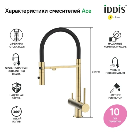 Смеситель для кухни IDDIS Ace ACEMGFFi05 золото матовое