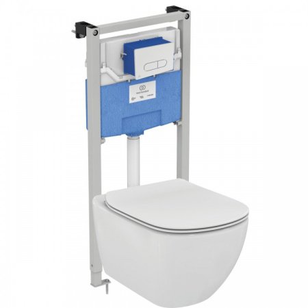 Пневматический промо-набор 4 в 1 Ideal Standard с унитазом T355101 TESI Rimless, с сиденьем и крышкой T352701, с инсталляцией PROSYS 120 P и пневматической панелью смыва OLEAS™ P1