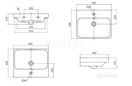 Раковина Santek Адриана 55 отверстие под смеситель 1WH501620
