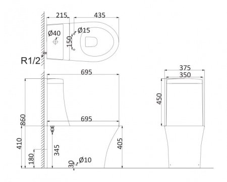 Унитаз приставной Creo Ceramique Paris PA1002+PA1001(UF5170)+PA1003 белый