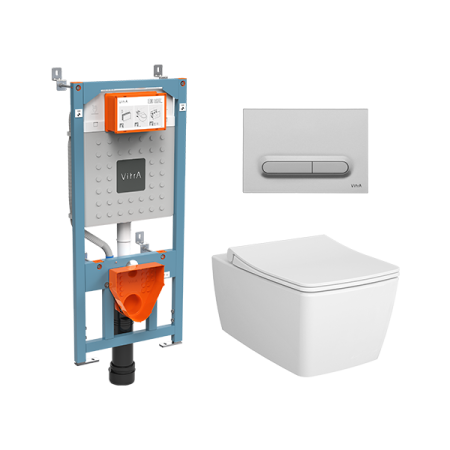 Комплект подвесной безободковый унитаз VitrA Metropole Rim-Ex, система инсталляции VitrA V12, кнопка Loop T матовый хром, тонкое сиденье микролифт