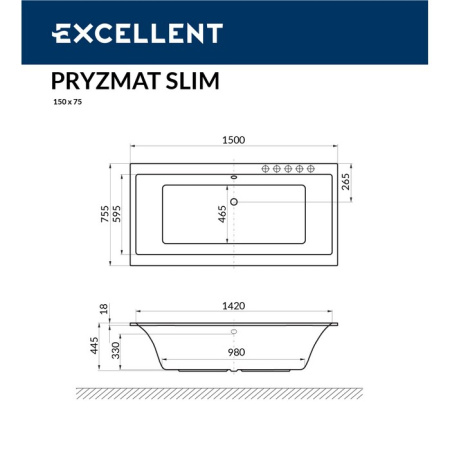 Ванна акриловая EXCELLENT Pryzmat Slim 150x75