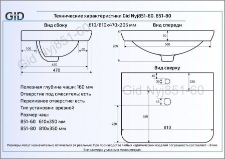 Раковина полувстраиваемая 61см Gid NYJ851-60 белый