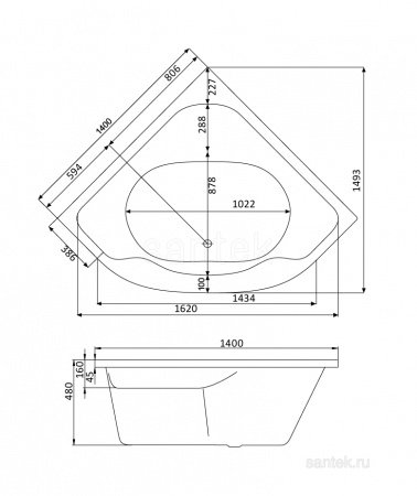 Акриловая ванна Santek Мелвилл 140х140 симметричная белая 1WH302402