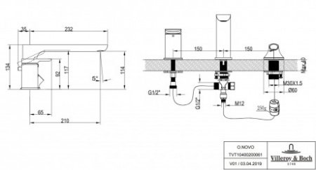 Смеситель для ванны с душем Villeroy & Boch O.Novo TVT10400200061 хром