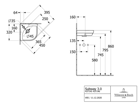 Раковина угловая Villeroy & Boch Subway 3.0 43714601 alpin
