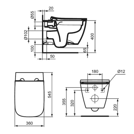 Подвесной безободковый унитаз с технологией RimLS+ Ideal Standard i.life B T533001 с сиденьем микролифт