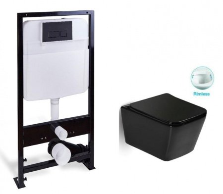 Комплект (инсталляция, унитаз, сиденье, кнопка смыва) SantiLine SL-5004MB + SL-04 матовый черный, с сиденьем микролифт