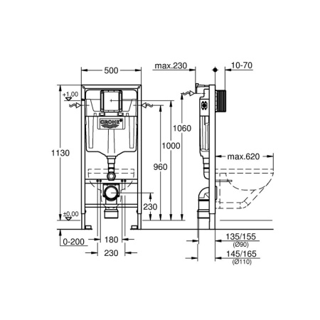 Инсталляция для подвесных унитазов Grohe Rapid SL 38536001 с крепежом к стене