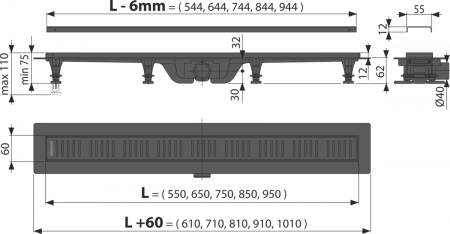 Душевой лоток AlcaPlast APZ10BLACK-650 с решеткой и опорами