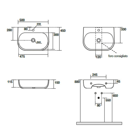Раковина подвесная / накладная 50см Kerasan Nolita 534030*1 белый матовый