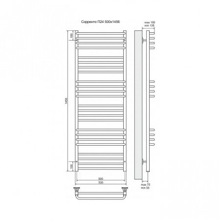 Полотенцесушитель электрический Terminus Сорренто П24 500x1456, ТЭН HT-1 300W, левый/правый