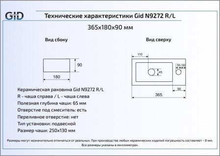 Раковина подвесная 36.5см Gid N9272R белый