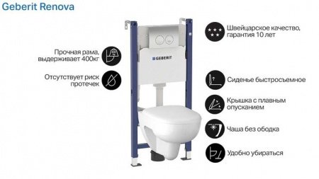 Унитаз безободковый с инсталляцией и клавишей смыва GEBERIT Renova 500.124.TC.R сиденье микролифт