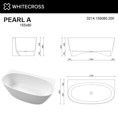 Ванна WHITECROSS Pearl A 155x80 (белый мат) иск. камень