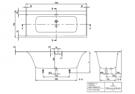Квариловая ванна Villeroy & Boch Subway 3.0 170х75 белый, с наполнением