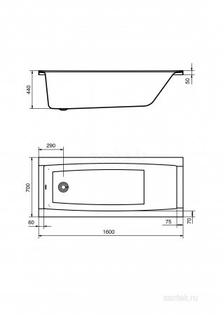 Акриловая ванна Santek Санторини 160х70 прямоугольная белая 1WH302494