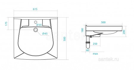 Раковина Santek Пилот 50 отверстие под смеситель 1WH110569
