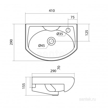 Раковина Santek Азов 40 отверстие под смеситель справа 1WH110254