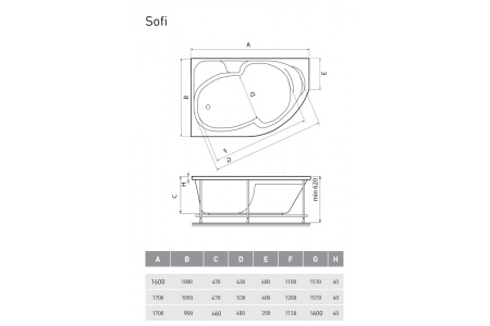 Ванна акриловая левосторонняя Relisan SOFI Гл000026214, 170x90