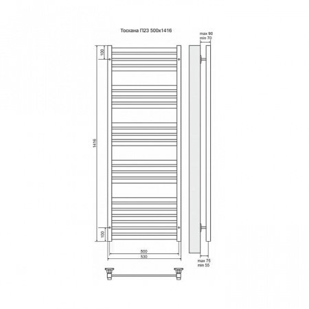 Полотенцесушитель электрический Terminus Тоскана П23 500x1416, ТЭН HT-1 300W, левый/правый