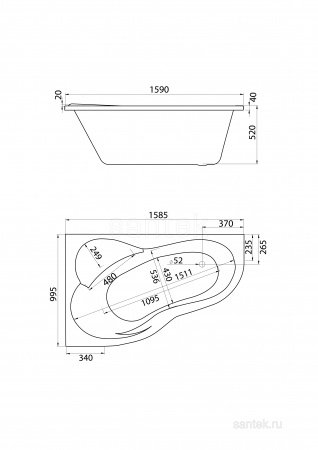 Акриловая ванна Santek Ибица XL 160х100 L асимметричная белая 1WH112036