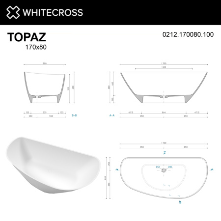 Ванна WHITECROSS Topaz 170x80 (белый мат) иск. камень