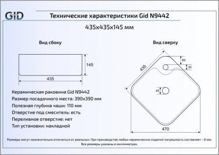 Раковина накладная 43.5см Gid N9442 белый