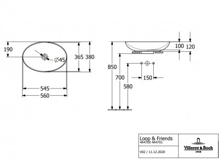 Раковина накладная 56см Villeroy & Boch Loop & Friends 4A470001 белый