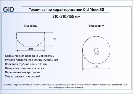 Раковина накладная 31см Gid Mnc480 серый