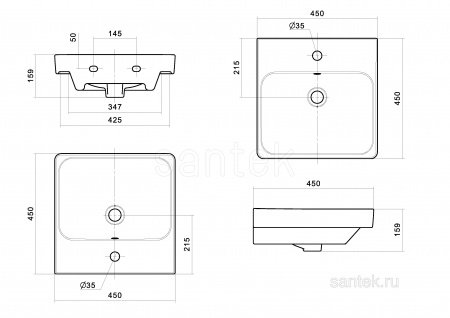 Раковина Santek Адриана 45 отверстие под смеситель 1WH501630