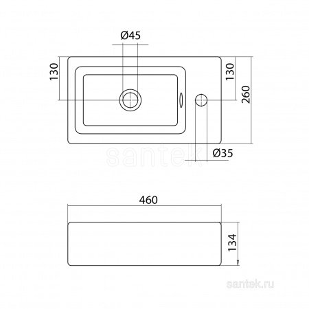 Раковина Santek Эрис 46 отверстие под смеситель справа 1WH301972
