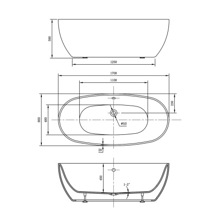Ванна акриловая Vincea VBT-405-1700MB, 1700*800*580, цвет черный матовый, слив-перелив в комплекте, хром