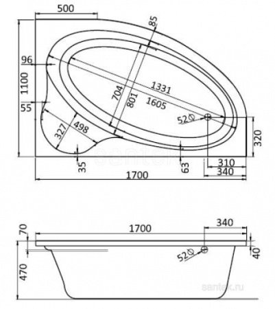 Акриловая ванна Santek Эдера 170х110 R асимметричная белая 1WH111994