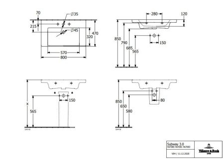 Раковина подвесная Villeroy & Boch Subway 3.0 80см 4A708001 белый