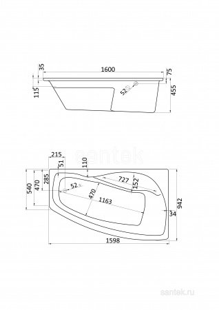 Акриловая ванна Santek Майорка XL 160х95 R асимметричная белая 1WH111990