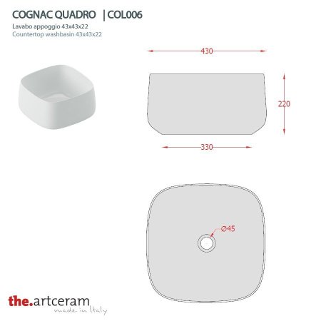 Раковина накладная 43см ArtCeram Cognac Quadro COL006 белый