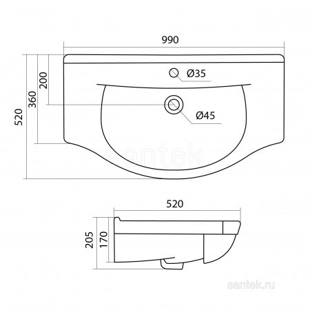 Раковина Santek Эльбрус 100 отверстие под смеситель 1WH110255